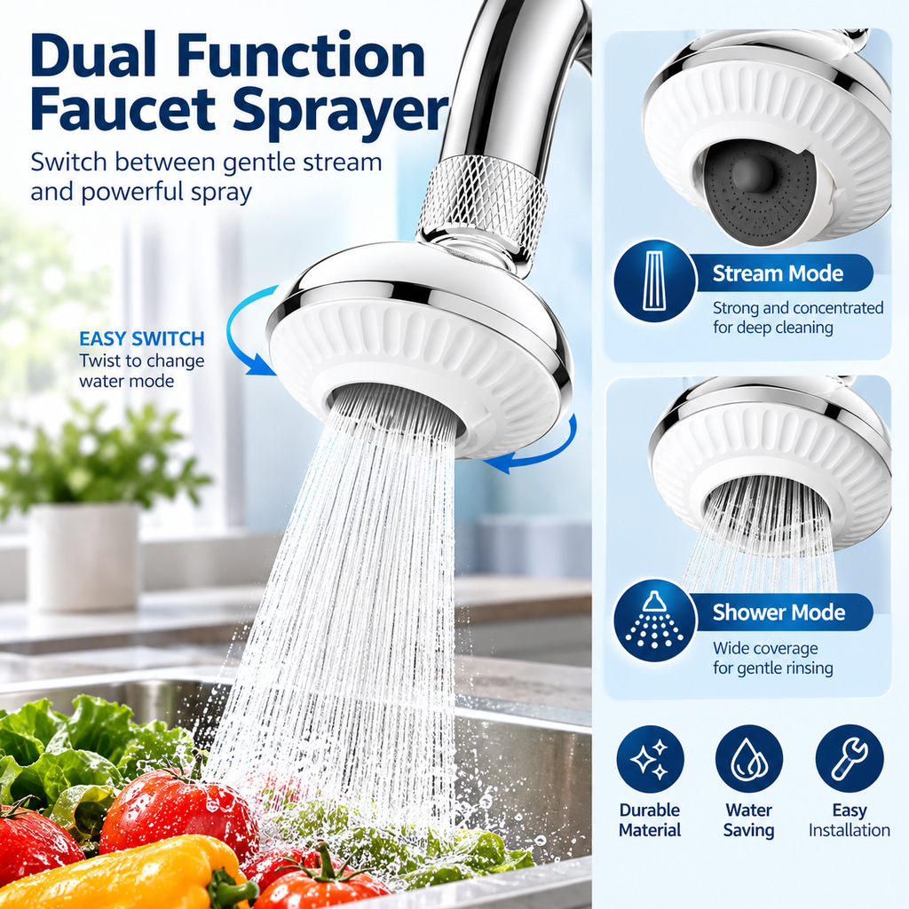 360° Swivel Faucet Aerator & Sink Sprayer, Anti-Splash Faucet Extender with Interchangeable Spray Plates, 5 Adapters, Fits Most Taps