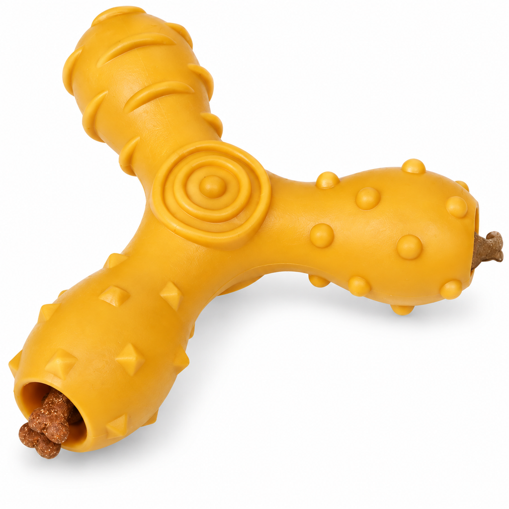 Pet Life Tri-Chew Treat Dispensing Dog Toy, Interactive TPR Chew Toy with 3 Treat Tunnels & Dental Texture, Orange