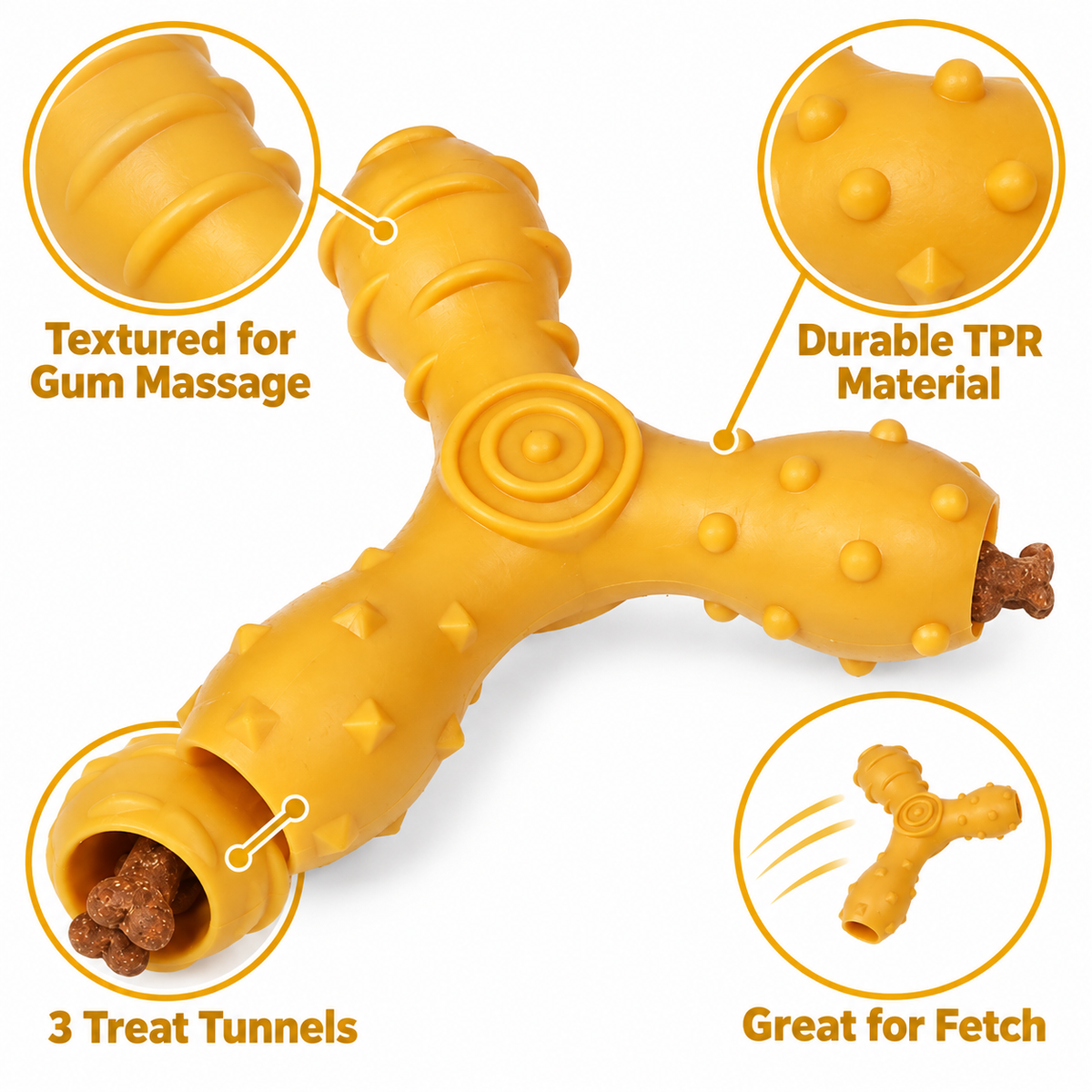 Pet Life Tri-Chew Treat Dispensing Dog Toy, Interactive TPR Chew Toy with 3 Treat Tunnels & Dental Texture, Orange