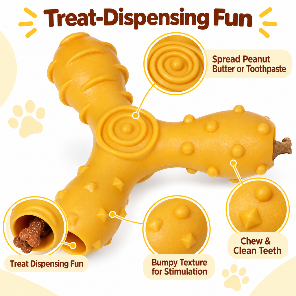 Pet Life Tri-Chew Treat Dispensing Dog Toy, Interactive TPR Chew Toy with 3 Treat Tunnels & Dental Texture, Orange