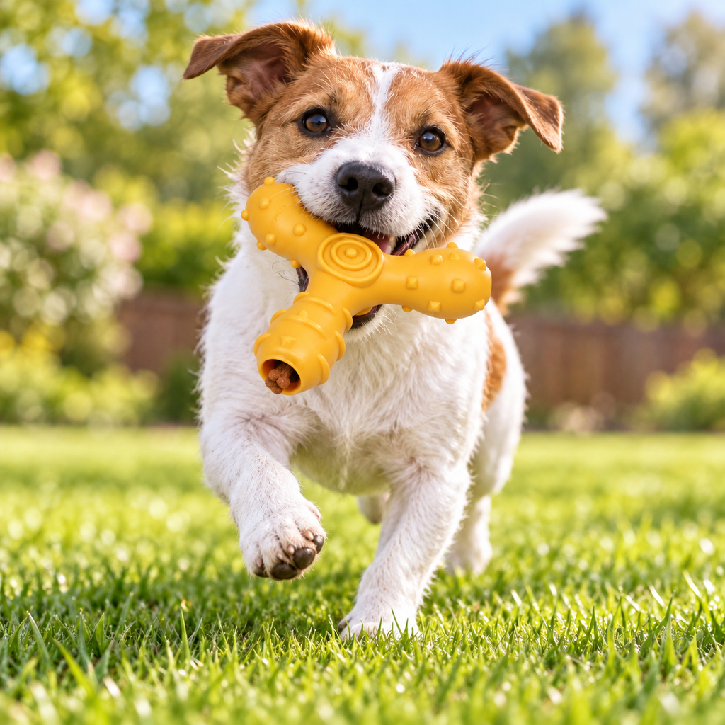 Pet Life Tri-Chew Treat Dispensing Dog Toy, Interactive TPR Chew Toy with 3 Treat Tunnels & Dental Texture, Orange