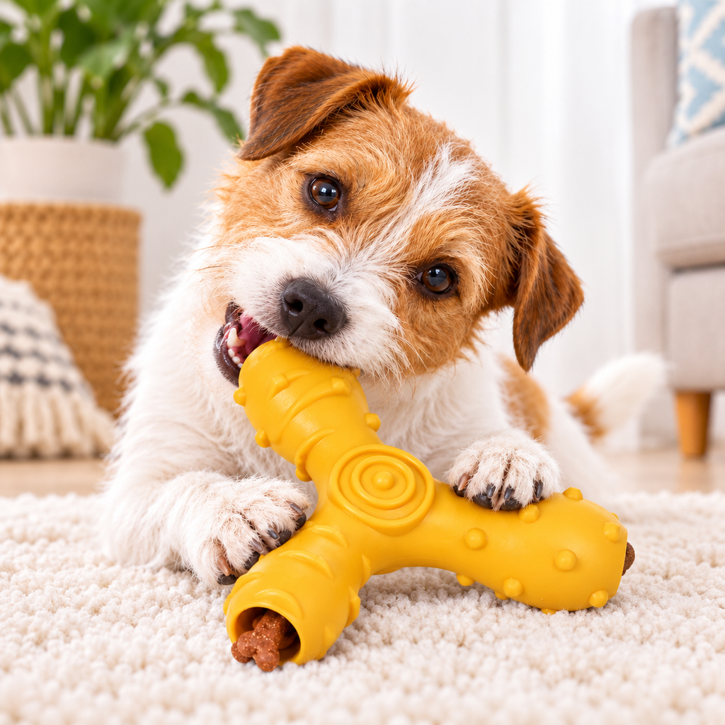 Pet Life Tri-Chew Treat Dispensing Dog Toy, Interactive TPR Chew Toy with 3 Treat Tunnels & Dental Texture, Orange