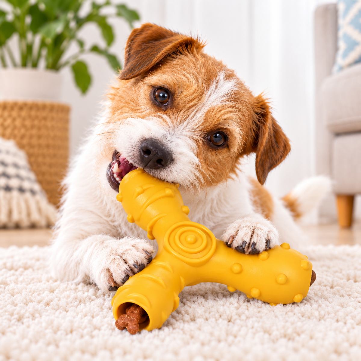 Pet Life Tri-Chew Treat Dispensing Dog Toy, Interactive TPR Chew Toy with 3 Treat Tunnels & Dental Texture, Orange