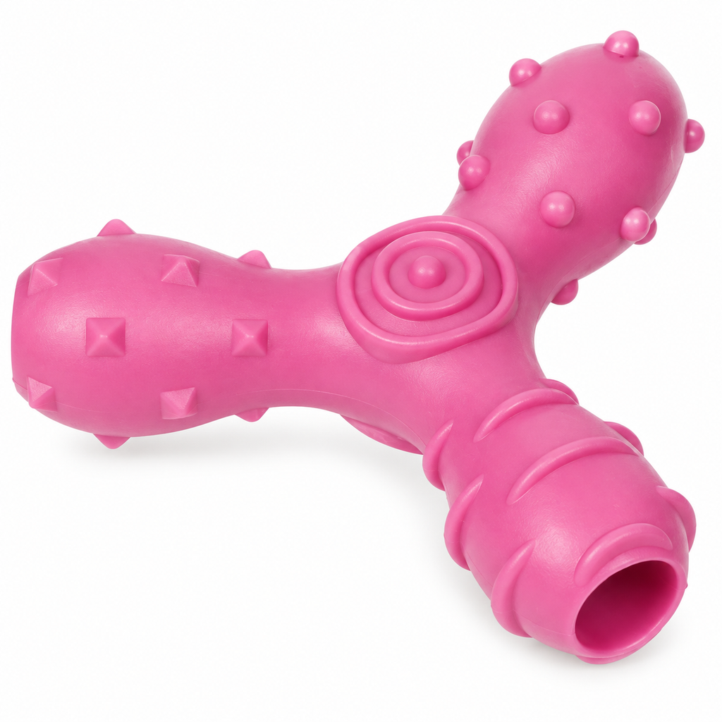 Pet Life Tri-Chew Treat Dispensing Dog Toy, Interactive TPR Chew Toy with 3 Treat Tunnels & Dental Texture, Pink