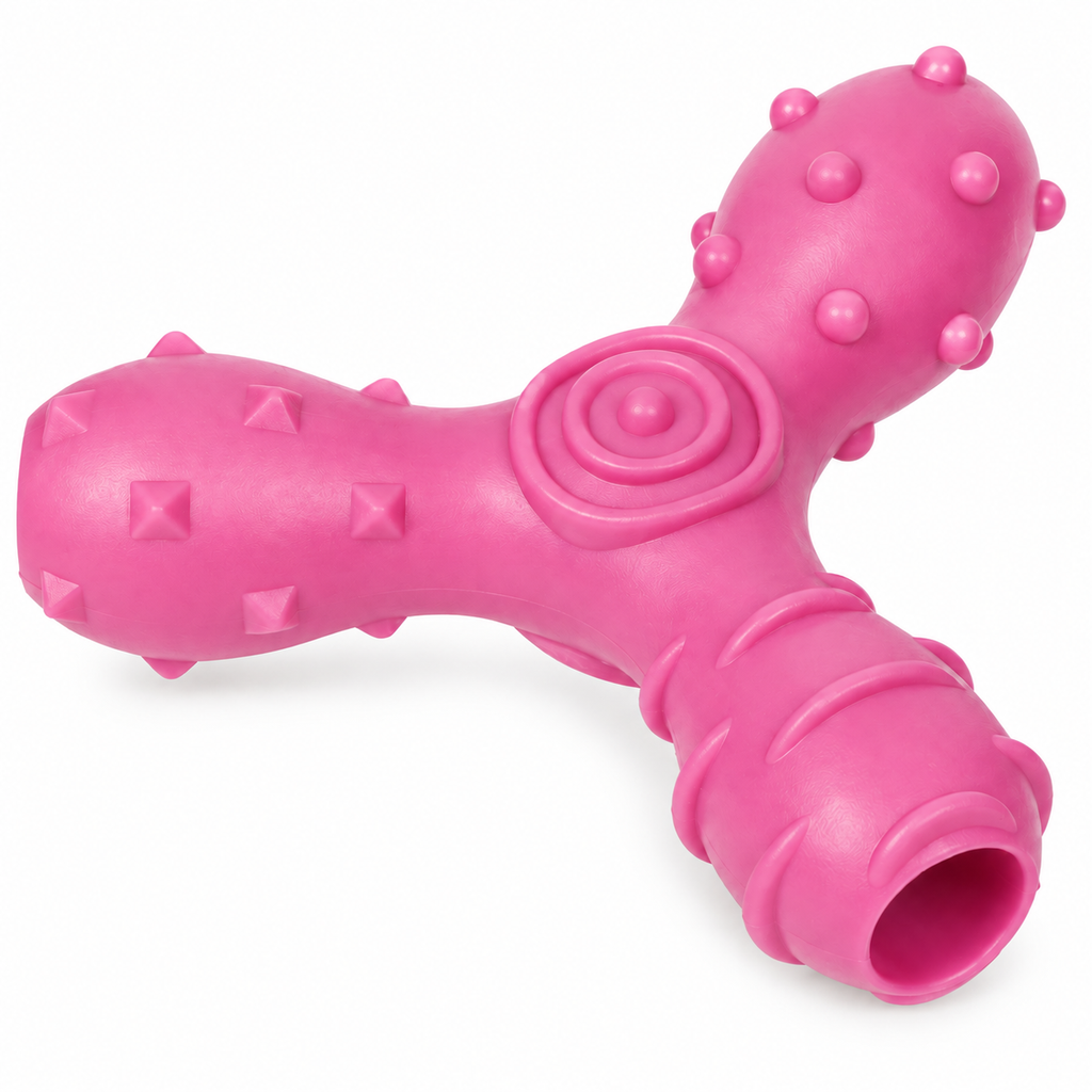 Pet Life Tri-Chew Treat Dispensing Dog Toy, Interactive TPR Chew Toy with 3 Treat Tunnels & Dental Texture, Pink