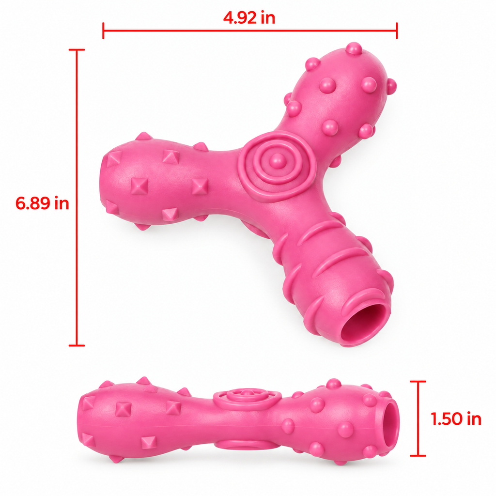 Pet Life Tri-Chew Treat Dispensing Dog Toy, Interactive TPR Chew Toy with 3 Treat Tunnels & Dental Texture, Pink