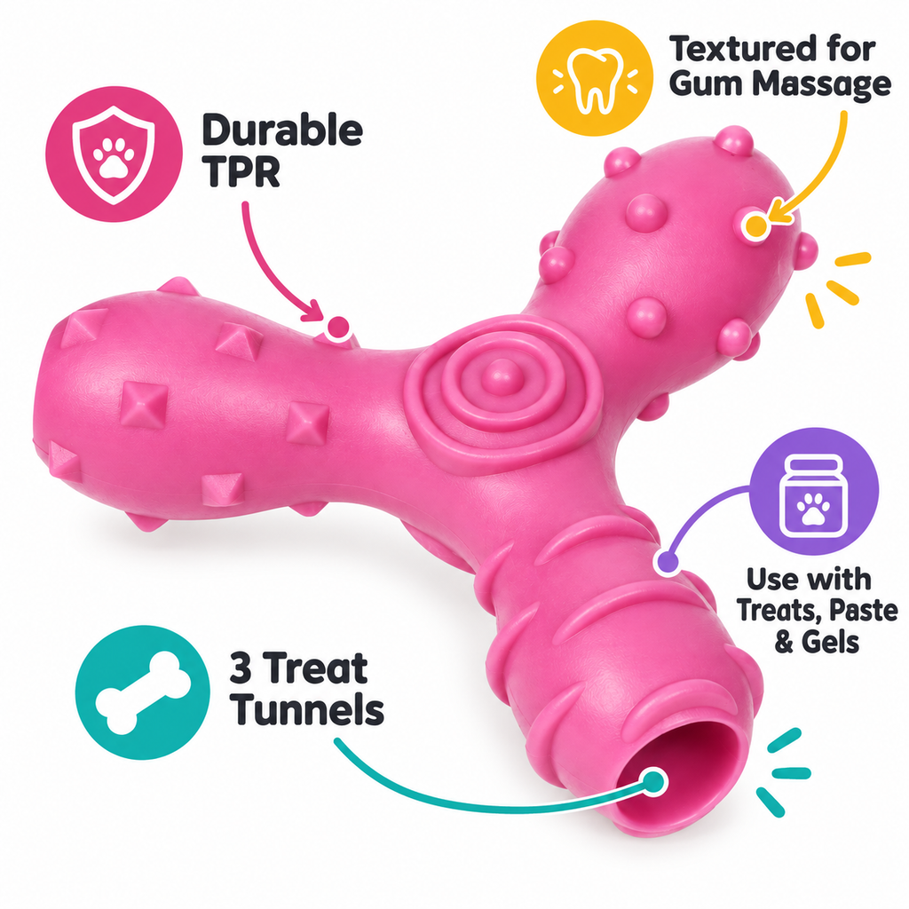 Pet Life Tri-Chew Treat Dispensing Dog Toy, Interactive TPR Chew Toy with 3 Treat Tunnels & Dental Texture, Pink