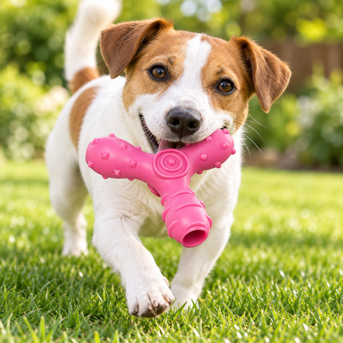 Pet Life Tri-Chew Treat Dispensing Dog Toy, Interactive TPR Chew Toy with 3 Treat Tunnels & Dental Texture, Pink