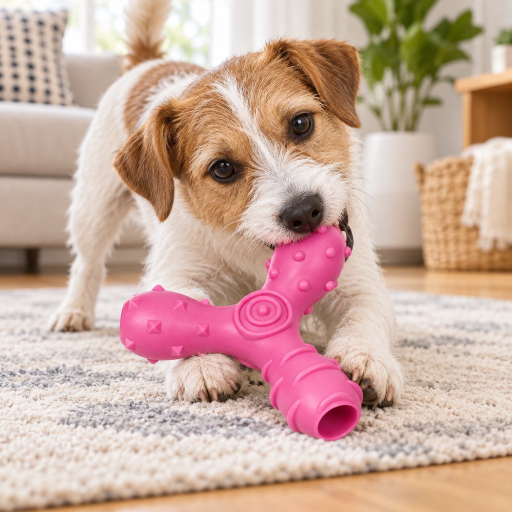 Pet Life Tri-Chew Treat Dispensing Dog Toy, Interactive TPR Chew Toy with 3 Treat Tunnels & Dental Texture, Pink