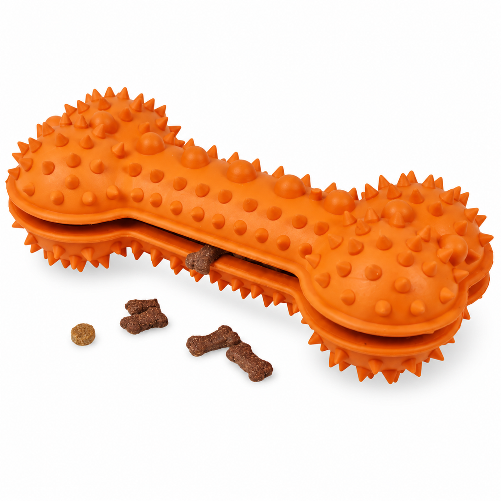 Pet Life Denta-Bone Treat Dispensing Dog Chew Toy, Durable TPR Dental Cleaning Toy, Orange, 6 x 3 x 3 in