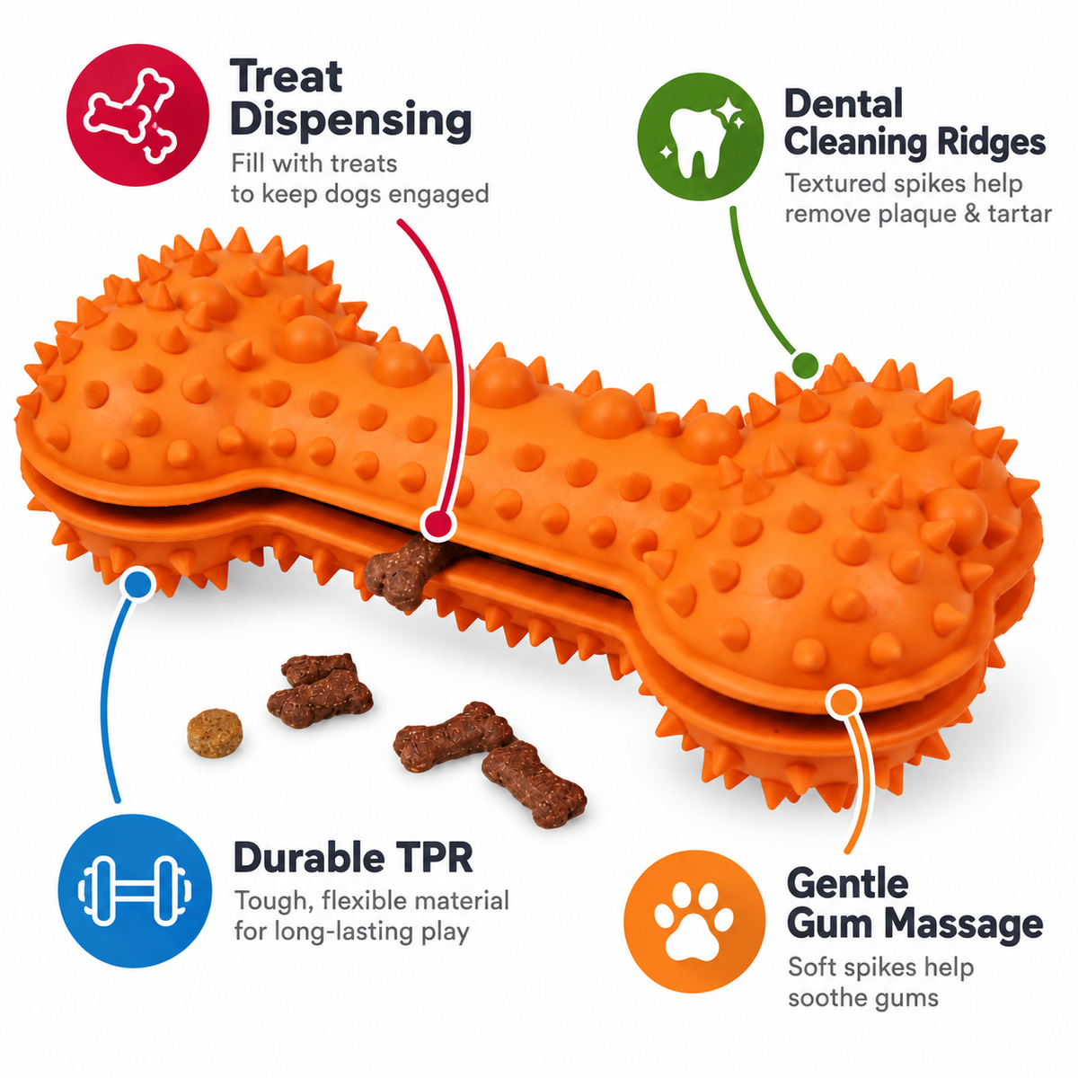 Pet Life Denta-Bone Treat Dispensing Dog Chew Toy, Durable TPR Dental Cleaning Toy, Orange, 6 x 3 x 3 in