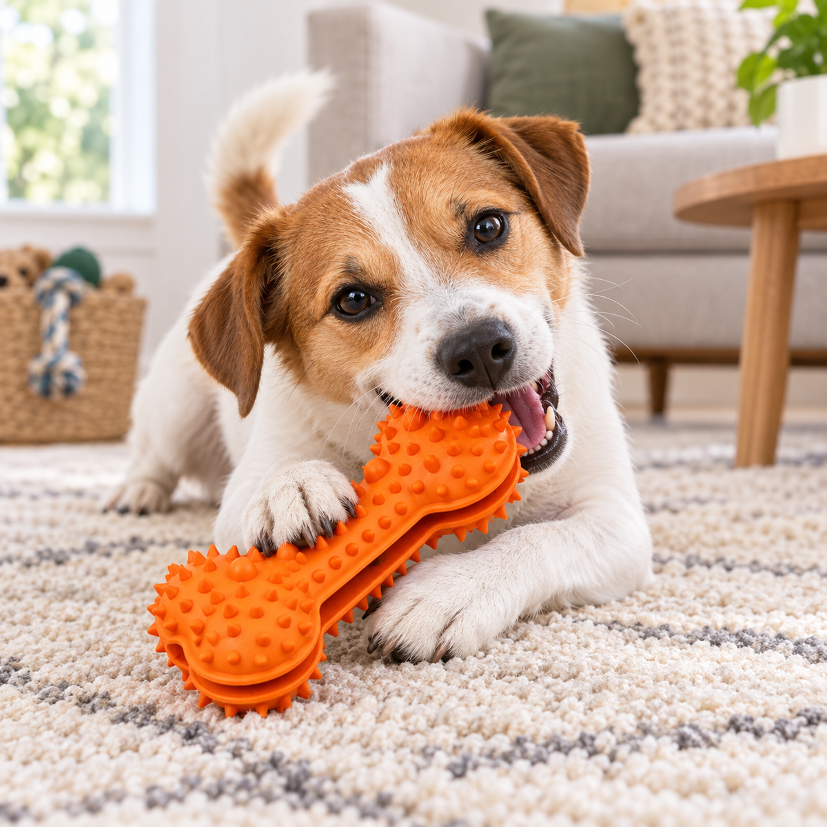 Pet Life Denta-Bone Treat Dispensing Dog Chew Toy, Durable TPR Dental Cleaning Toy, Orange, 6 x 3 x 3 in