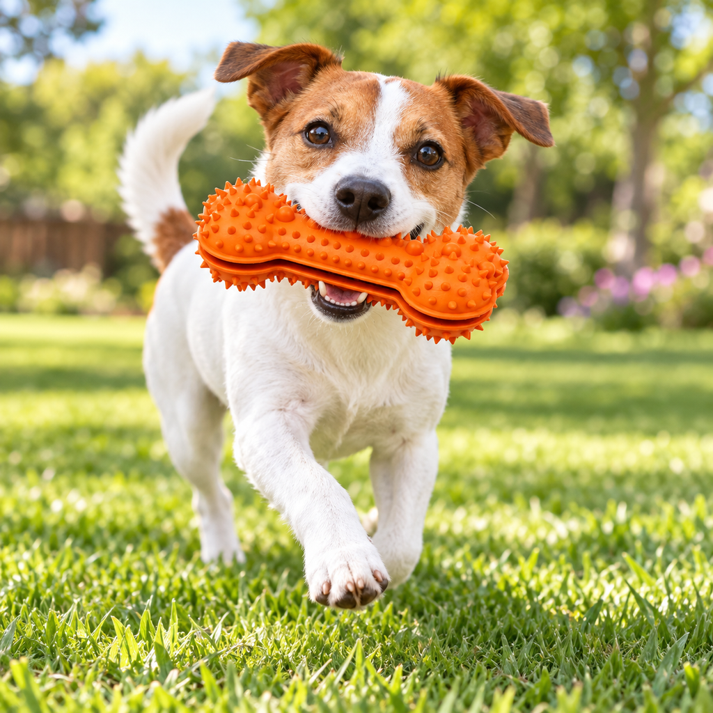 Pet Life Denta-Bone Treat Dispensing Dog Chew Toy, Durable TPR Dental Cleaning Toy, Orange, 6 x 3 x 3 in