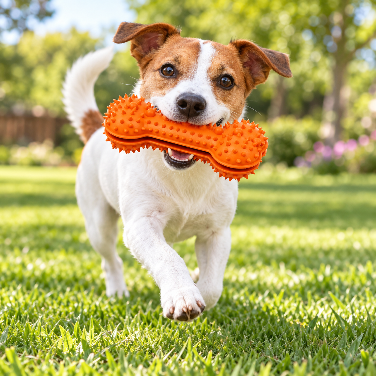 Pet Life Denta-Bone Treat Dispensing Dog Chew Toy, Durable TPR Dental Cleaning Toy, Orange, 6 x 3 x 3 in