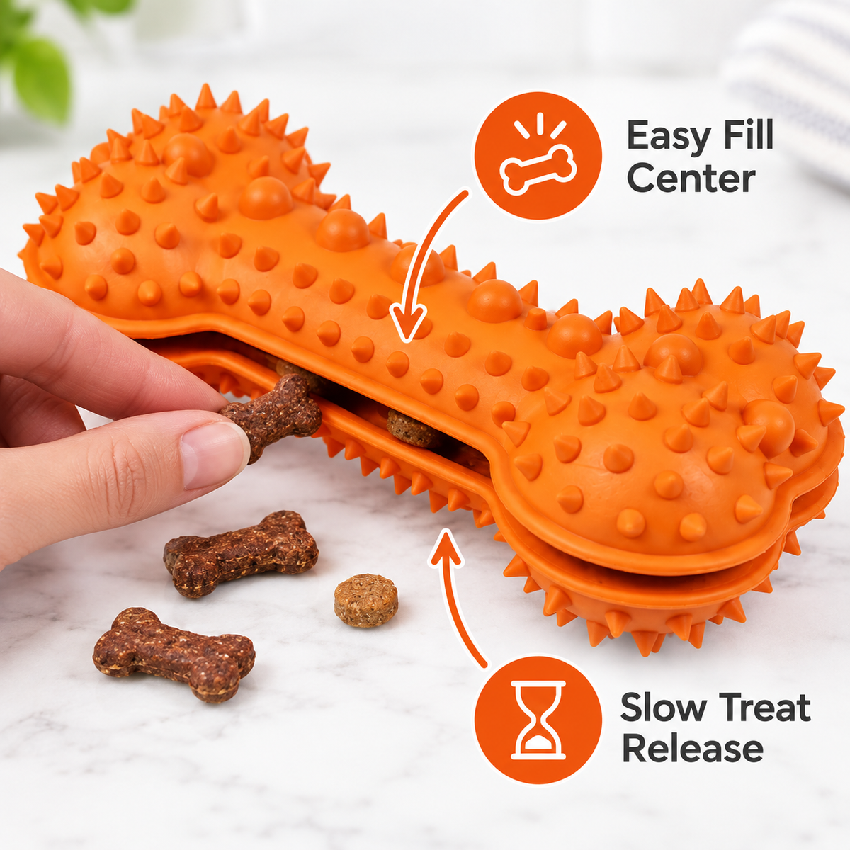 Pet Life Denta-Bone Treat Dispensing Dog Chew Toy, Durable TPR Dental Cleaning Toy, Orange, 6 x 3 x 3 in