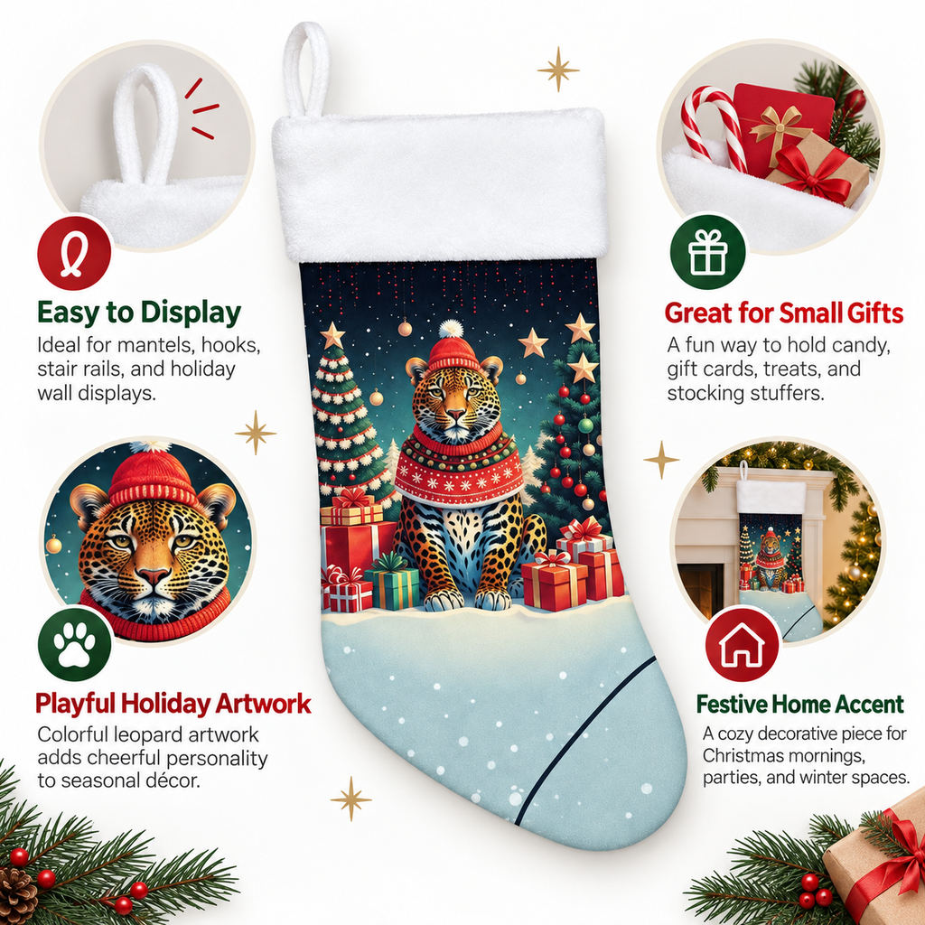Leopard Christmas Stocking with Hanging Loop, Festive Animal Holiday Stocking for Fireplace Mantel Decor