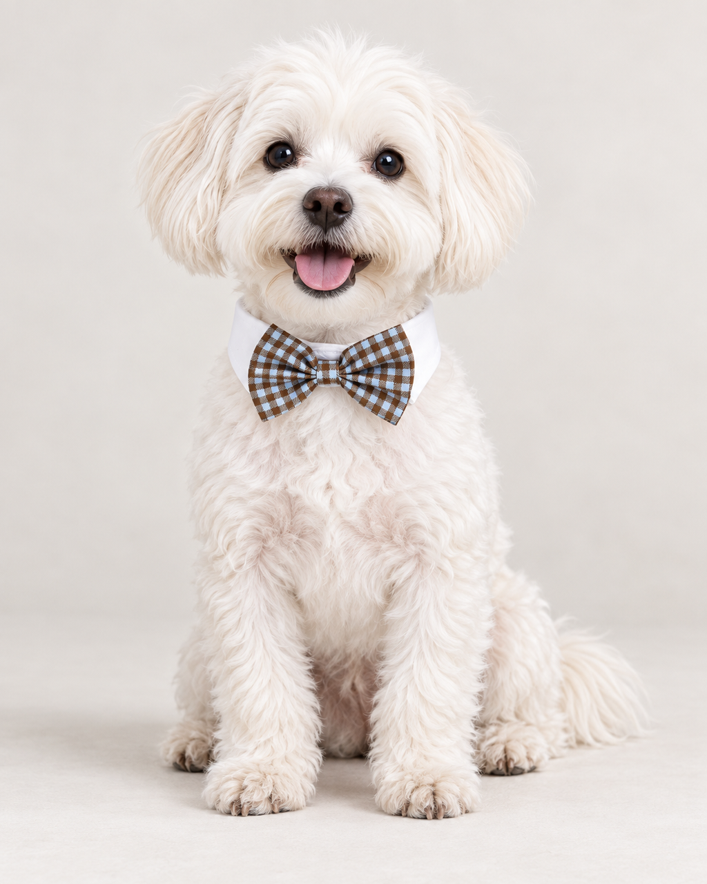Pet Bow Tie Collar for Dogs, Brown and Blue Gingham Bow with White Collar Band, Dress-Up Neck Accessory for Small Pets