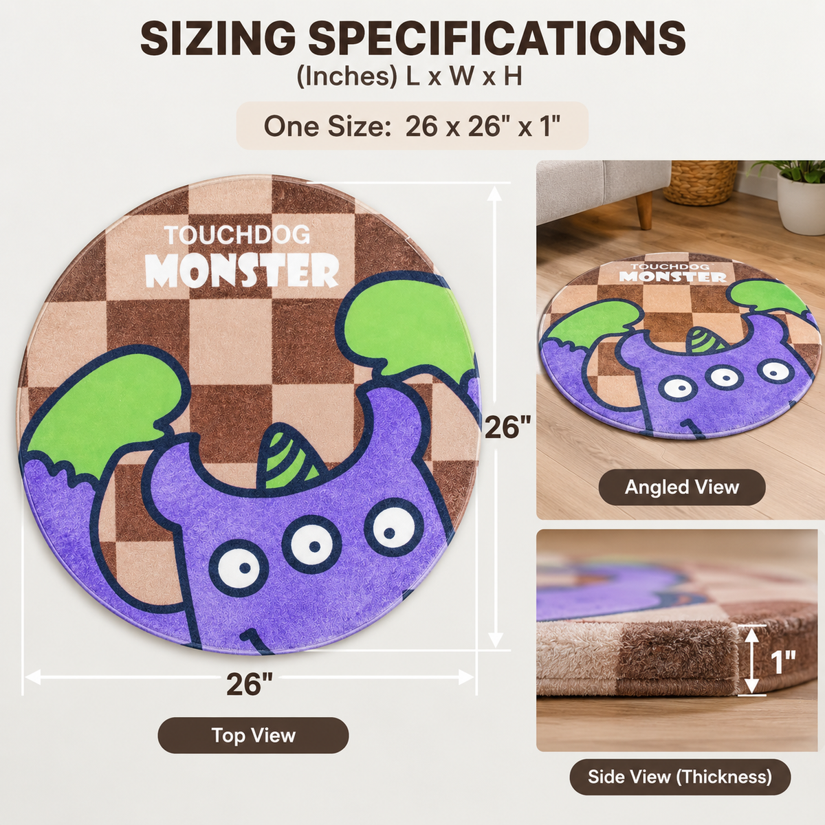 26in Round Pet Mat for Dogs & Cats, Cartoon Monster Floor Mat, 1in Thick Indoor Pet Resting Mat for Bedroom & Living Room