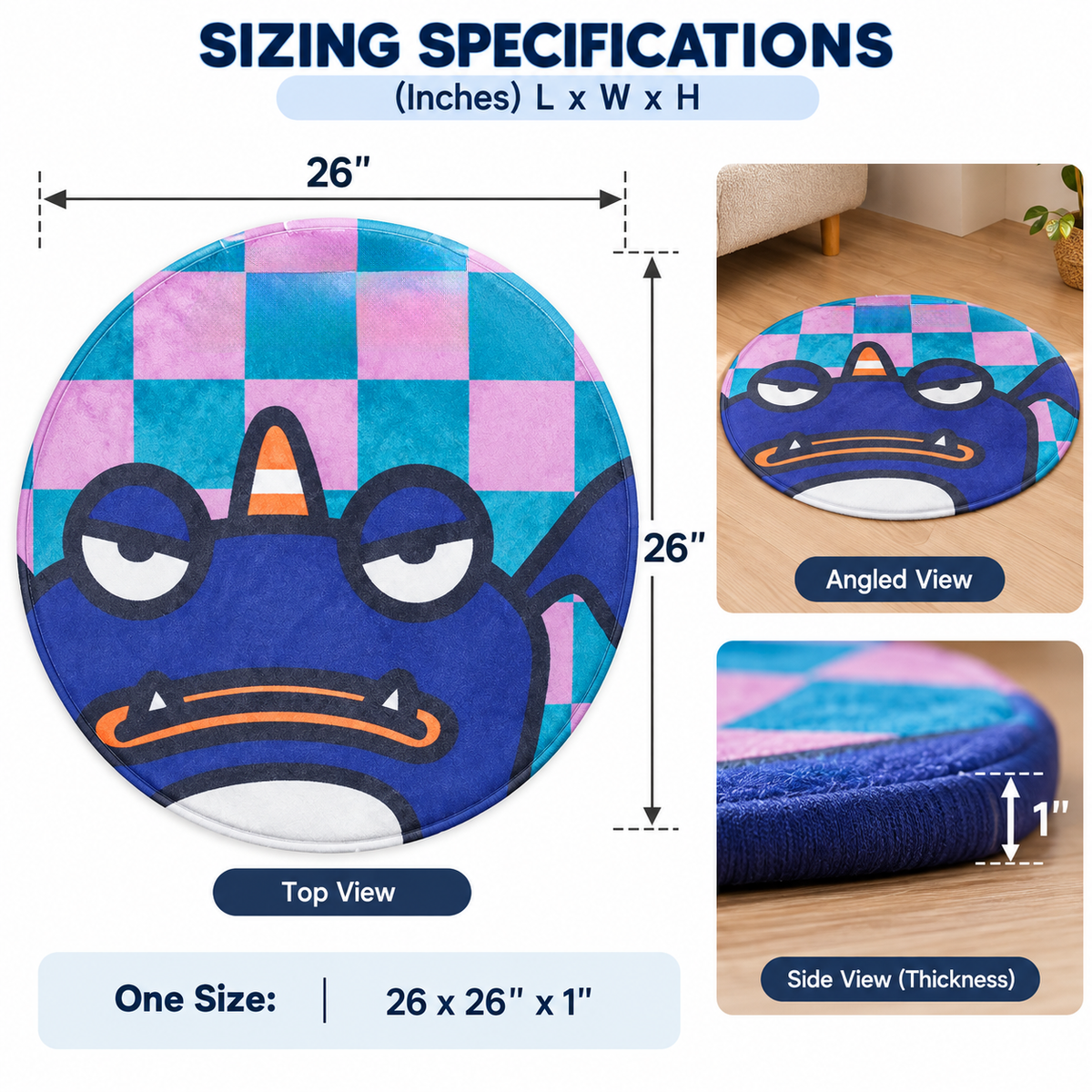 26in Round Pet Mat for Dogs & Cats, 1in Thick Cartoon Monster Floor Mat for Indoor Pet Resting, Bedroom & Living Room