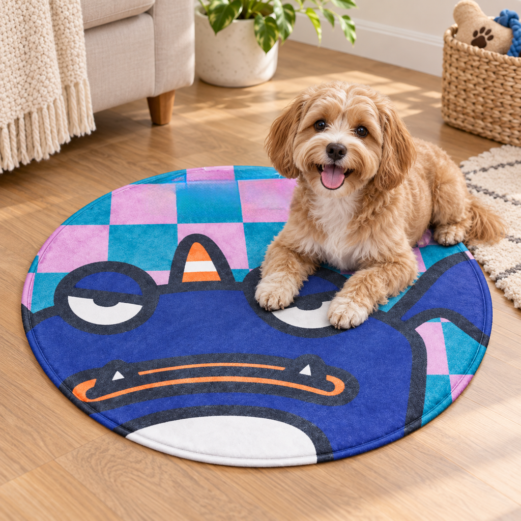 26in Round Pet Mat for Dogs & Cats, 1in Thick Cartoon Monster Floor Mat for Indoor Pet Resting, Bedroom & Living Room