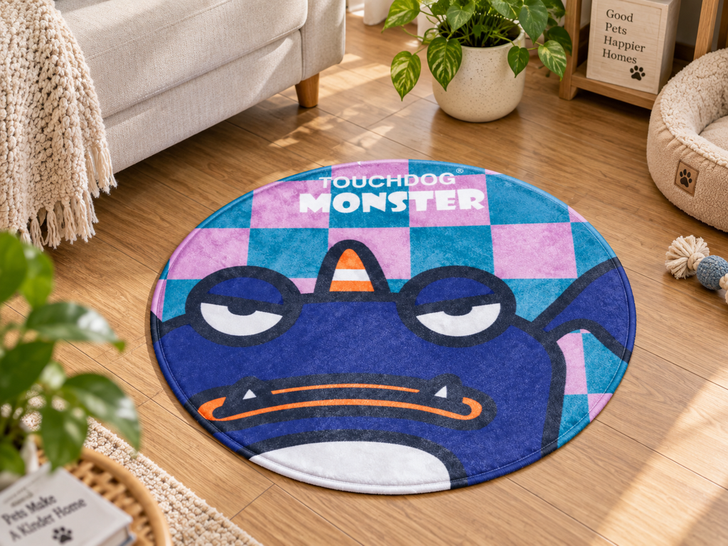 26in Round Pet Mat for Dogs & Cats, 1in Thick Cartoon Monster Floor Mat for Indoor Pet Resting, Bedroom & Living Room