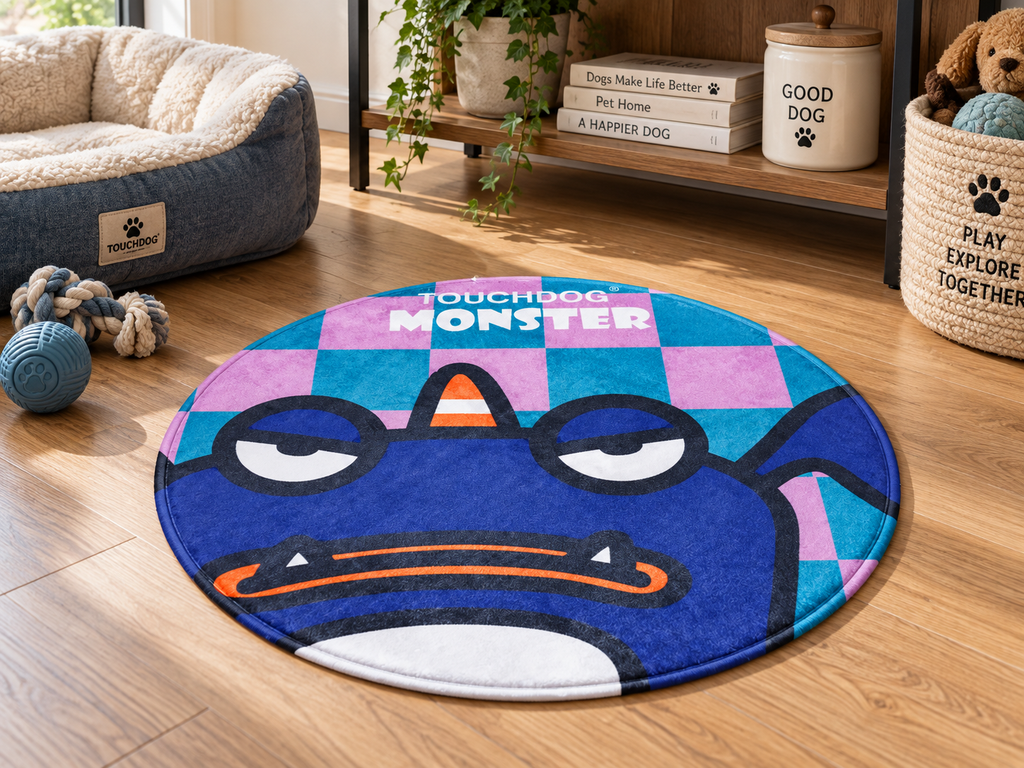 26in Round Pet Mat for Dogs & Cats, 1in Thick Cartoon Monster Floor Mat for Indoor Pet Resting, Bedroom & Living Room