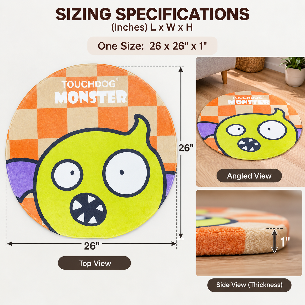 Round Plush Pet Mat, 26 x 26 in Soft Indoor Pet Rug with Cute Monster Print, 1 in Thick Cushion for Dogs and Cats
