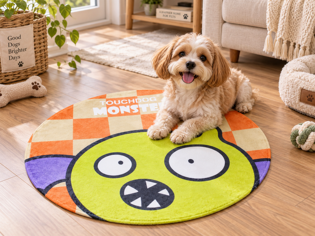 Round Plush Pet Mat, 26 x 26 in Soft Indoor Pet Rug with Cute Monster Print, 1 in Thick Cushion for Dogs and Cats
