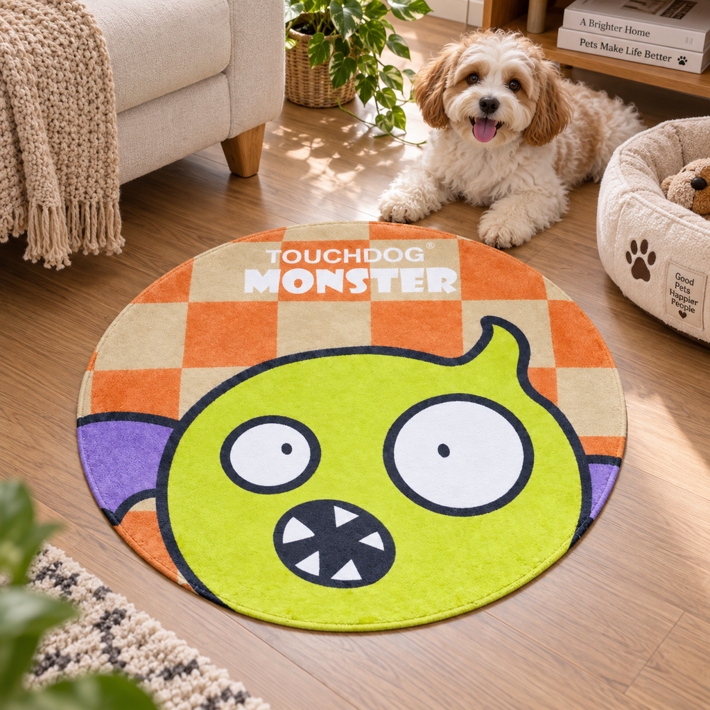 Round Plush Pet Mat, 26 x 26 in Soft Indoor Pet Rug with Cute Monster Print, 1 in Thick Cushion for Dogs and Cats