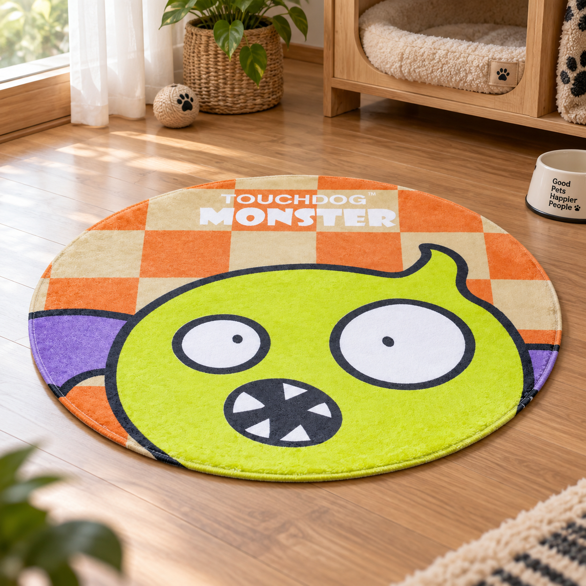 Round Plush Pet Mat, 26 x 26 in Soft Indoor Pet Rug with Cute Monster Print, 1 in Thick Cushion for Dogs and Cats
