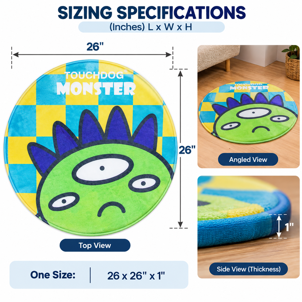 Round Plush Pet Mat for Dogs & Cats, Cartoon Monster Indoor Accent Rug, Soft Cozy Floor Mat, 26 x 26 x 1 in