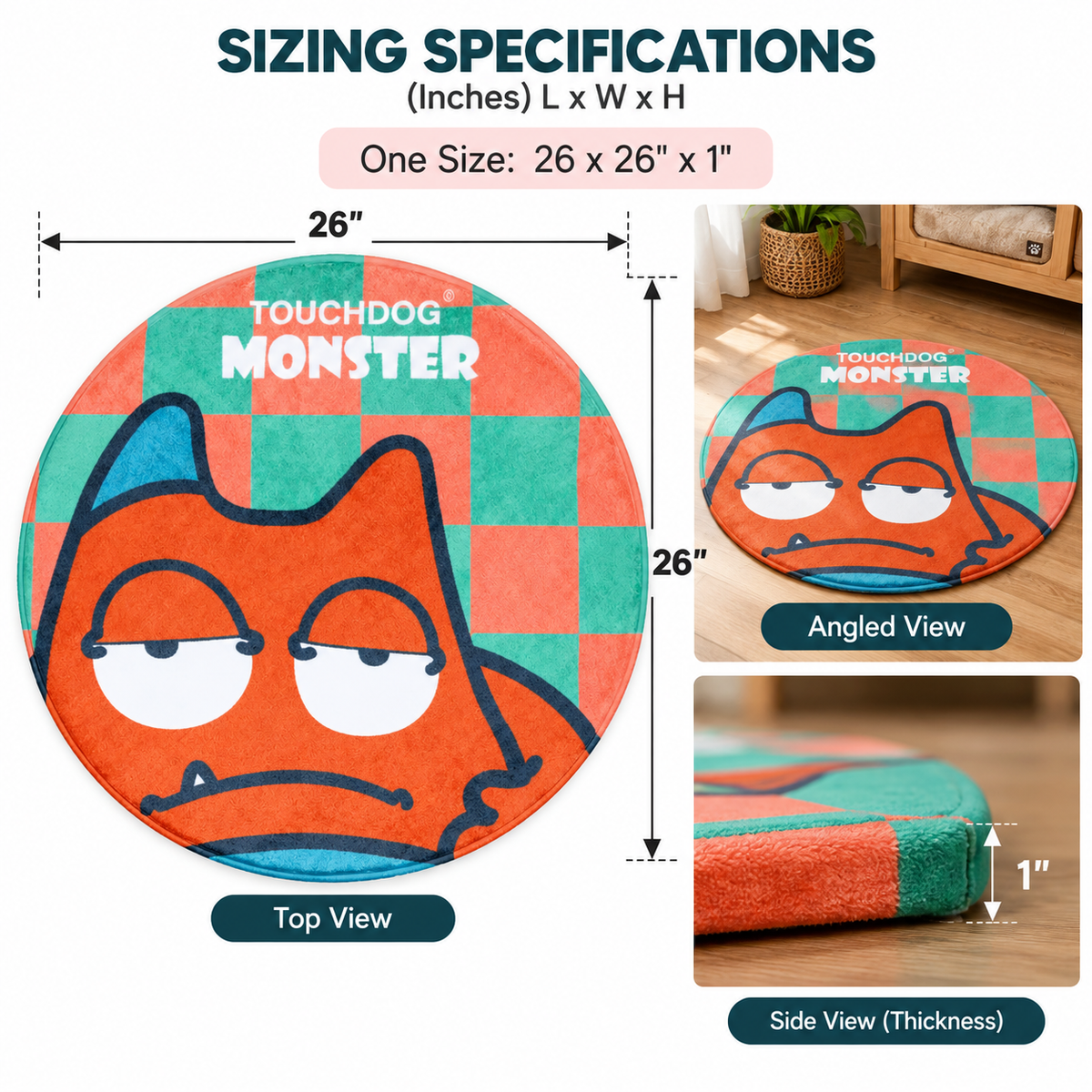 26in Round Pet Mat for Dogs & Cats, Soft Cartoon Monster Indoor Floor Mat, 1in Thick Pet Resting Rug for Bedroom & Living Room