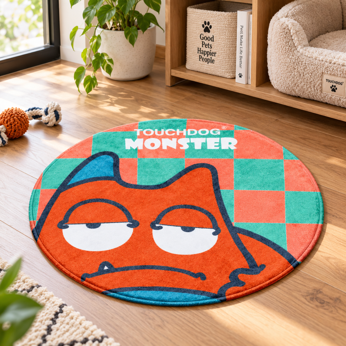 26in Round Pet Mat for Dogs & Cats, Soft Cartoon Monster Indoor Floor Mat, 1in Thick Pet Resting Rug for Bedroom & Living Room