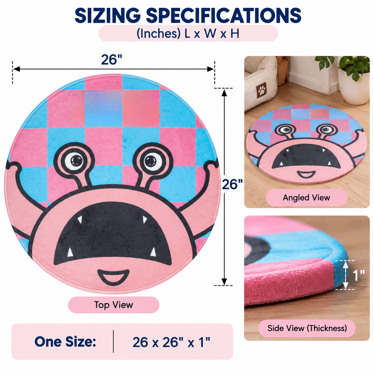 Round Plush Pet Mat for Dogs & Cats, Soft Indoor Floor Rug with Cute Cartoon Print, 26 x 26 x 1 in, One Size