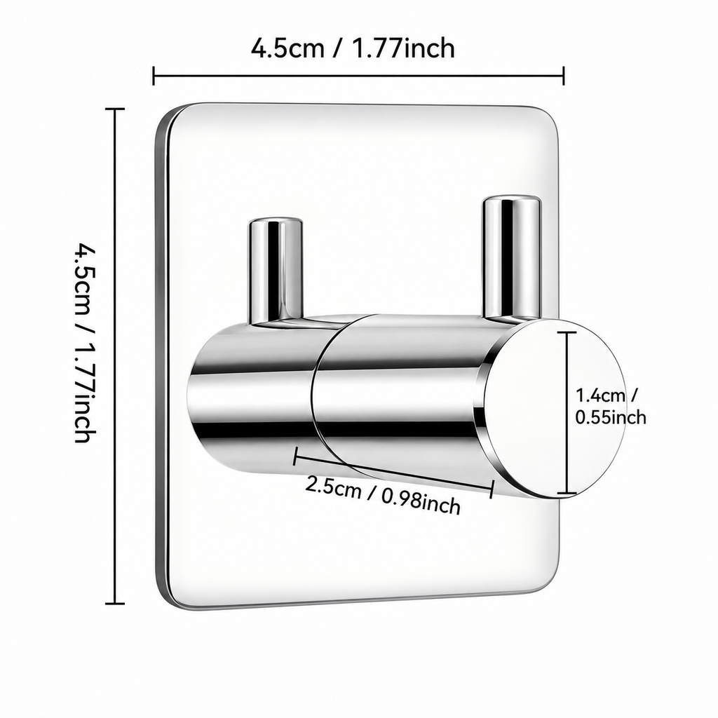 Self-Adhesive Stainless Steel Wall Hook, 1.77" Square Adhesive Towel Hook for Bathroom & Kitchen, Chrome