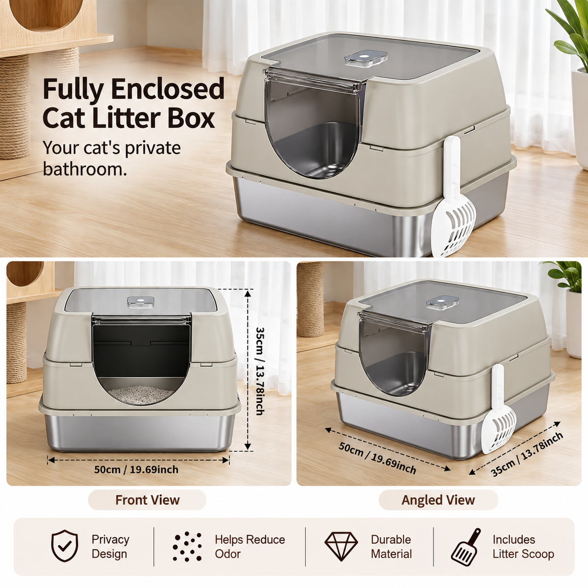 Fully Enclosed Cat Litter Box with Flip-Top Lid, Detachable Cover & Scoop