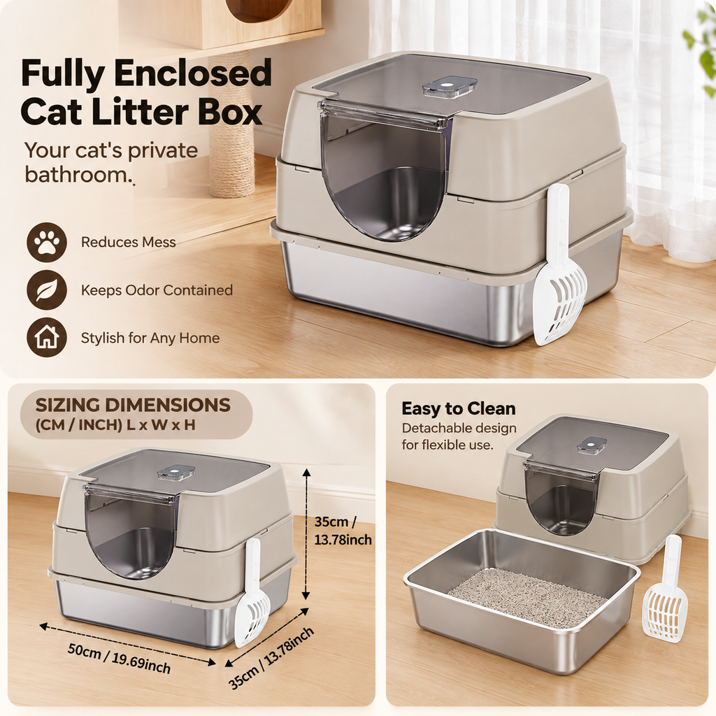 Fully Enclosed Cat Litter Box with Flip-Top Lid, Detachable Cover & Scoop