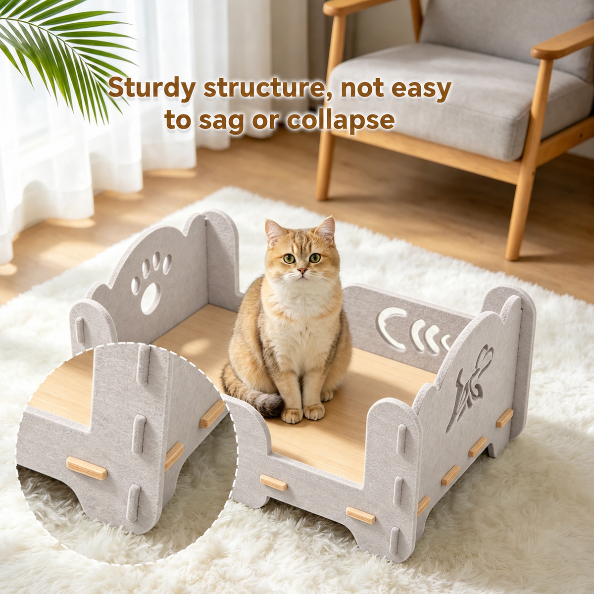 Single-Tier Felt Cat Bed with Raised Sides, Sturdy Indoor Pet Lounger, 20.47" x 14.17" x 9.84"，WHITE