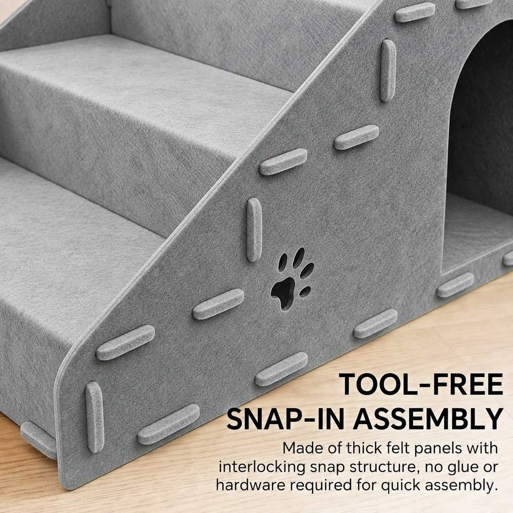 4-Step Felt Cat Stairs with Cat House, 2-in-1 Pet Steps for Sofa and Bed, Tool-Free Assembly, Gray