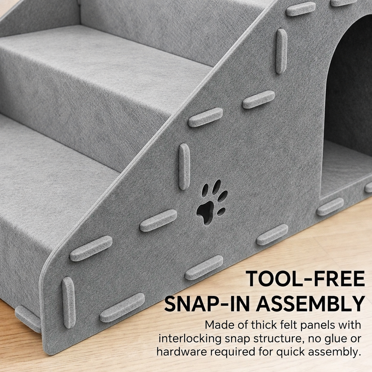 4-Step Felt Cat Stairs with Cat House, 2-in-1 Pet Steps for Sofa and Bed, Tool-Free Assembly, Gray