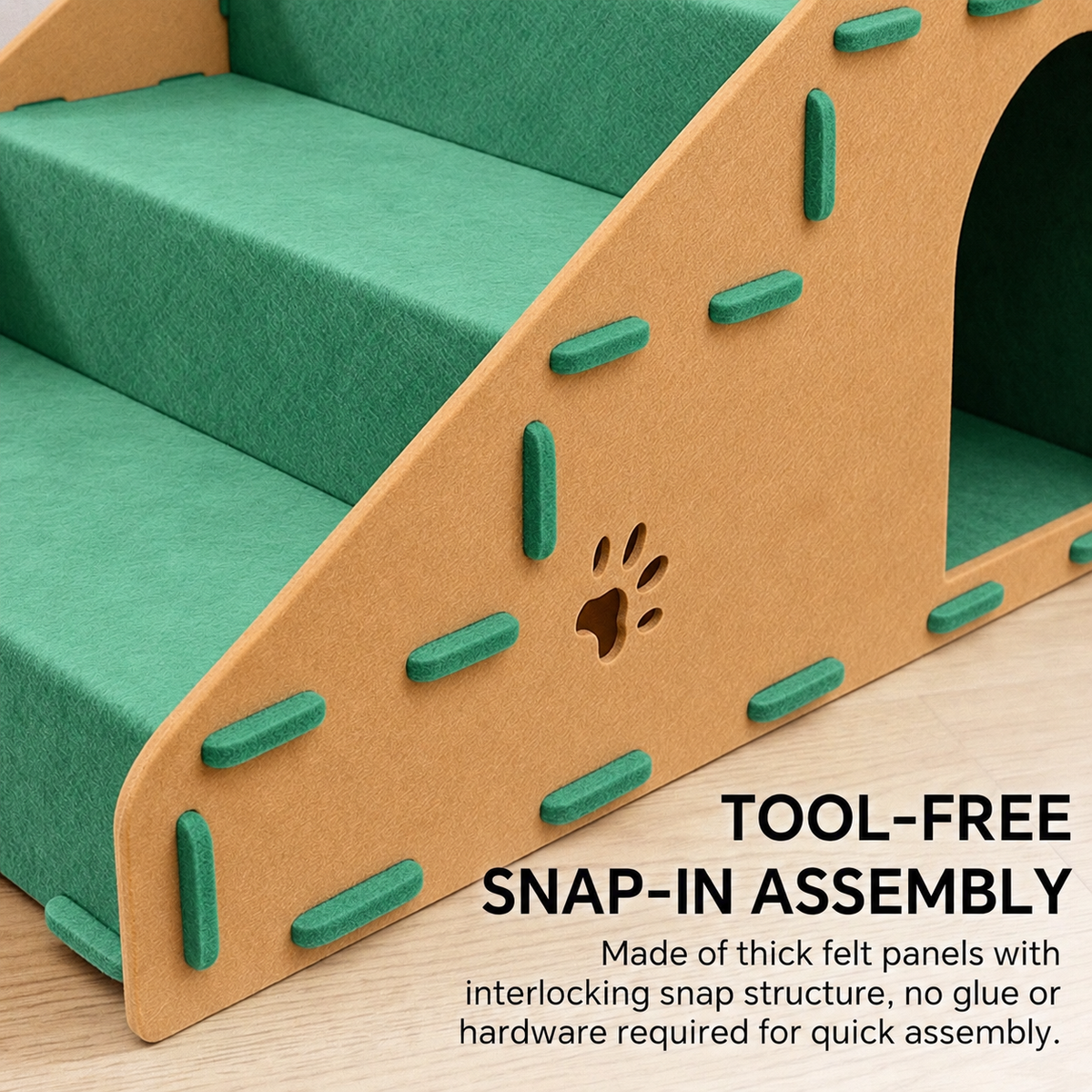 4-Step Felt Cat Stairs with Cat House, 2-in-1 Indoor Pet Steps, Tool-Free Assembly, Green