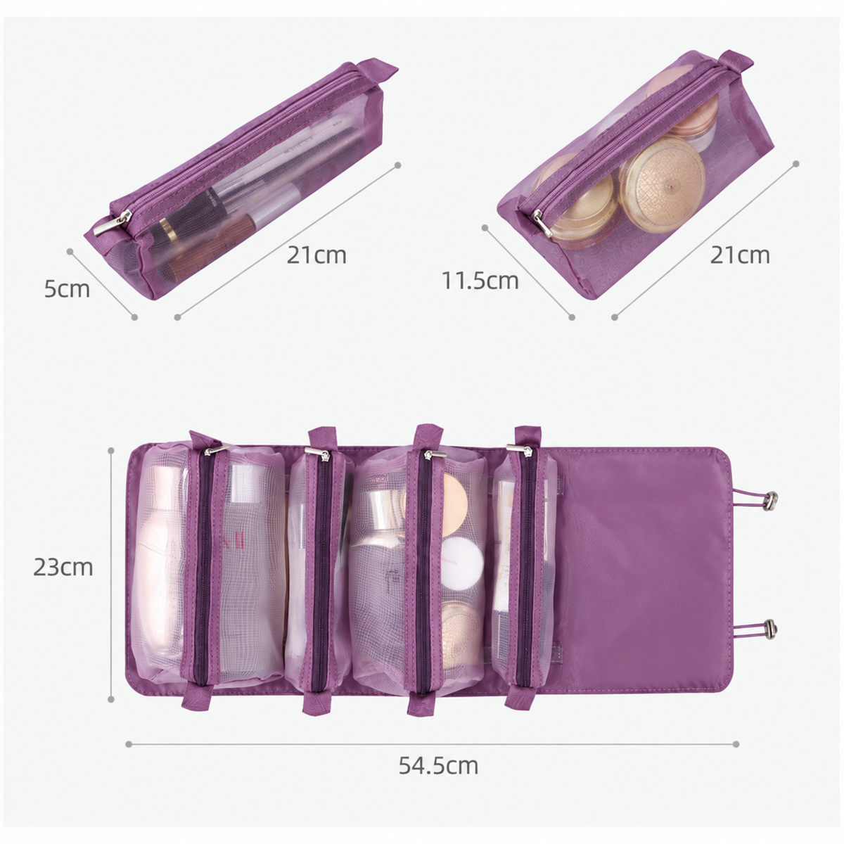 Roll-Up Travel Makeup Organizer with 4 Detachable Zipper Pouches, Portable Cosmetic Toiletry Bag, Purple
