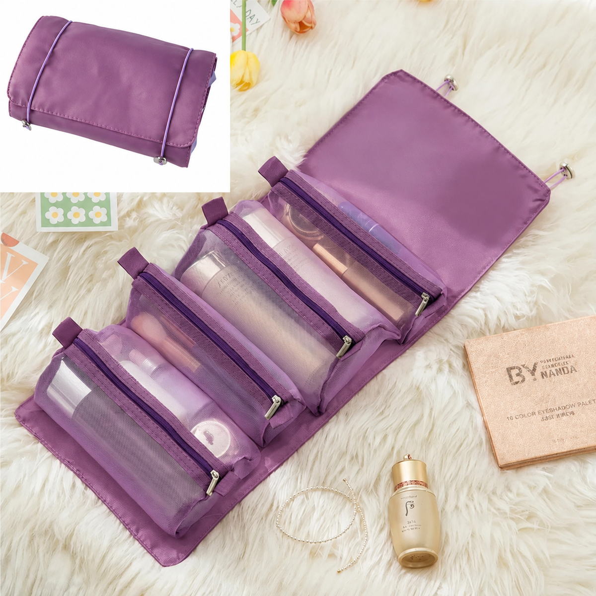 Roll-Up Travel Makeup Organizer with 4 Detachable Zipper Pouches, Portable Cosmetic Toiletry Bag, Purple