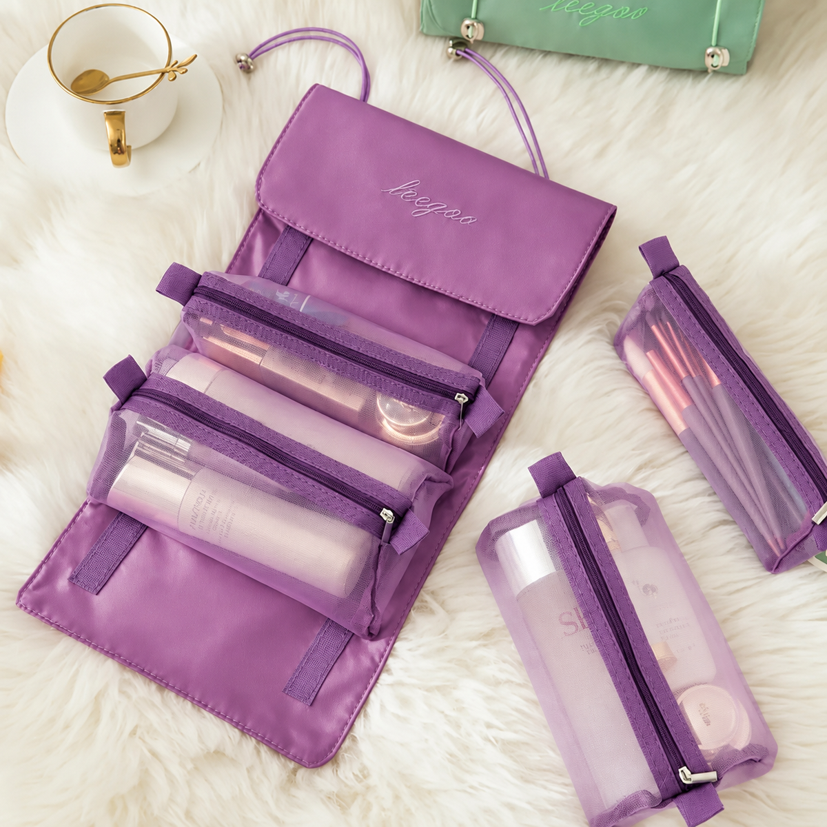 Roll-Up Travel Makeup Organizer with 4 Detachable Zipper Pouches, Portable Cosmetic Toiletry Bag, Purple