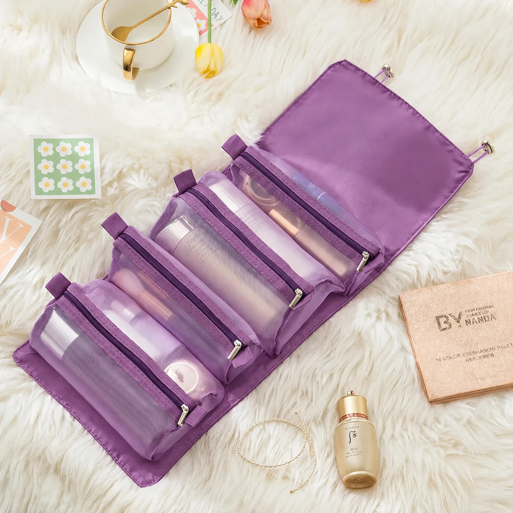 Roll-Up Travel Makeup Organizer with 4 Detachable Zipper Pouches, Portable Cosmetic Toiletry Bag, Purple