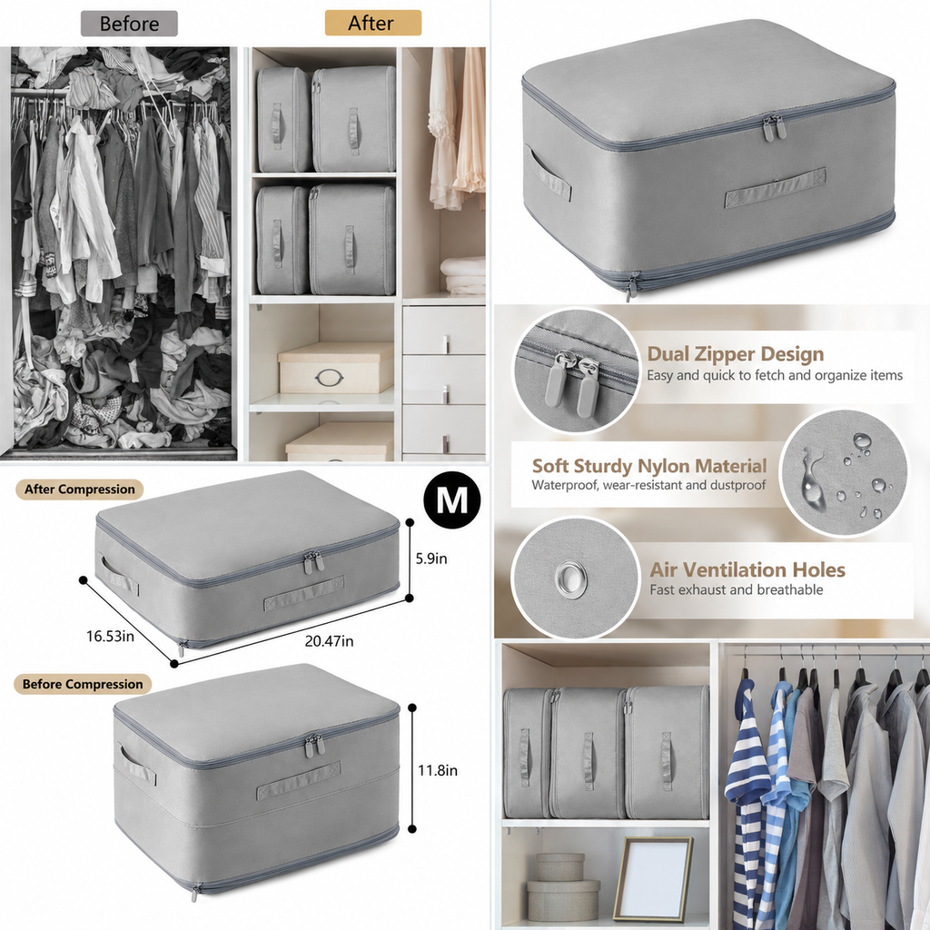 Large Compression Storage Bag with Zipper, Foldable Clothes & Bedding Organizer with Handles, Gray