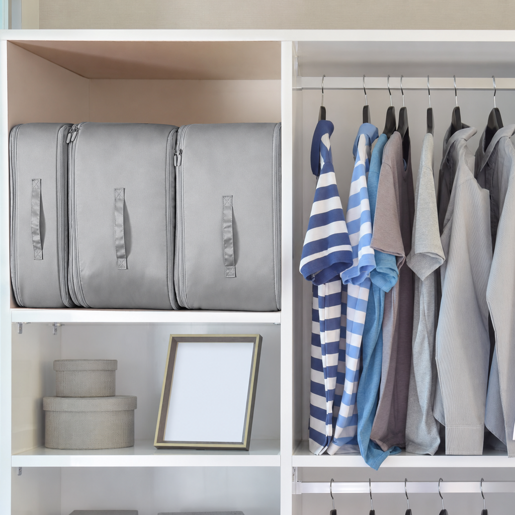 Large Compression Storage Bag with Zipper, Foldable Clothes & Bedding Organizer with Handles, Gray