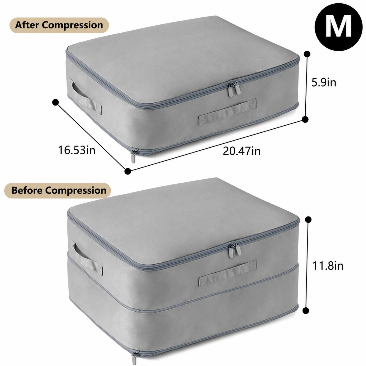Large Compression Storage Bag with Zipper, Foldable Clothes & Bedding Organizer with Handles, Gray