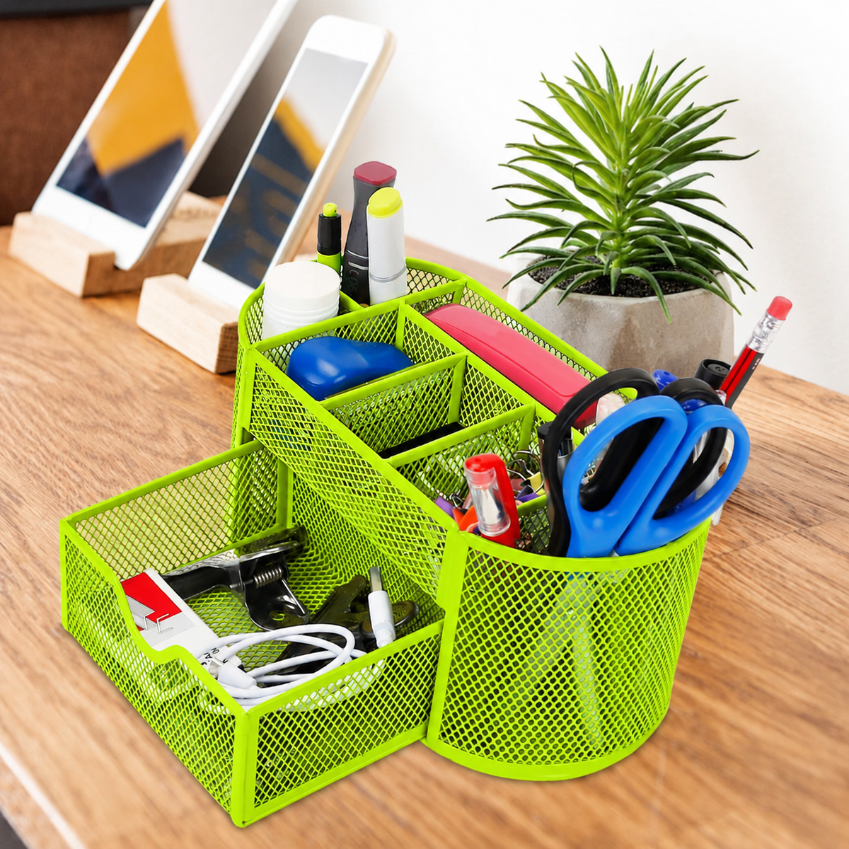 Metal Mesh Desk Organizer with Drawer, Multi-Compartment Office Supply Storage Caddy, Green