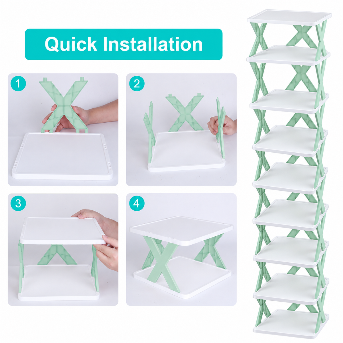 9-Tier Stackable Shoe Rack, Space-Saving Plastic Shoe Organizer with Sturdy Shelves, White and Green